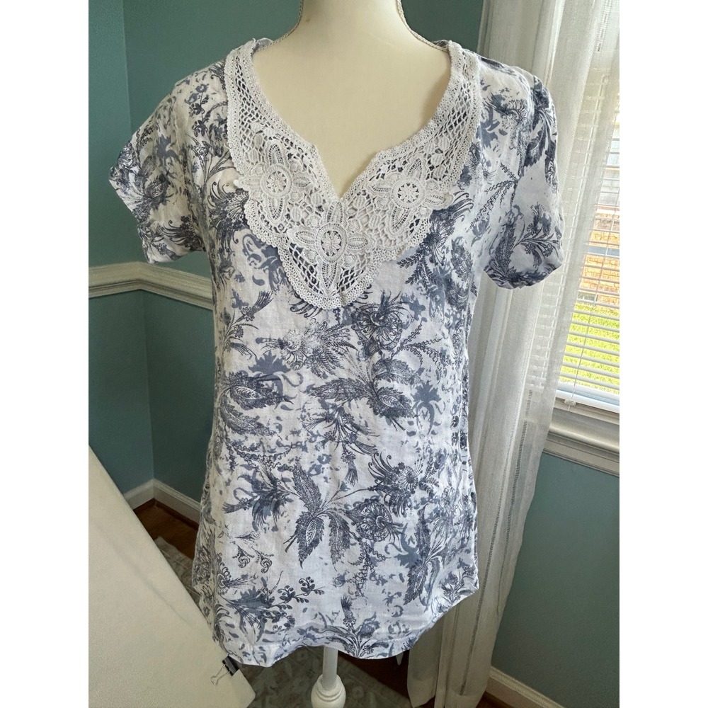 Marina Gigli Italy Blue White Floral Linen Crochet Lace V-Neck Top Medium 60023
